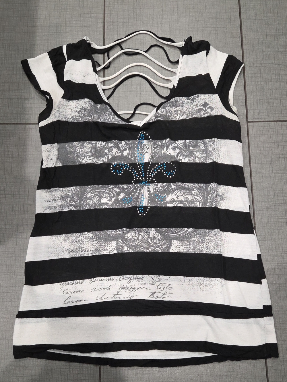 Striped Black & White Women's Short Sleeve Top with Back Strap Detail Medium